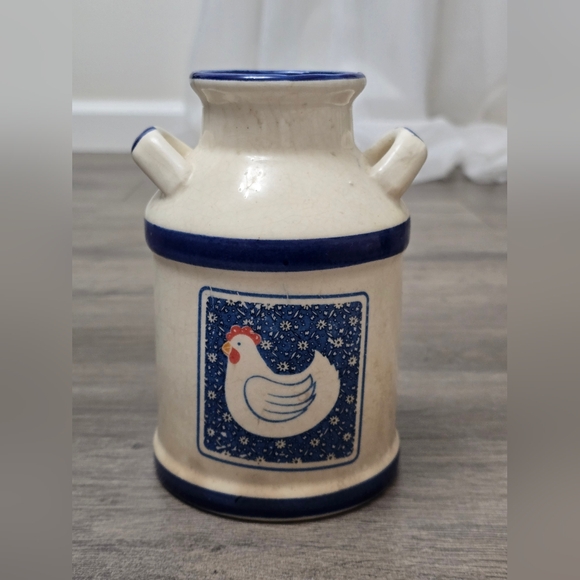 Chickens Other - Vtg Farmhouse Chicken Ceramic Milk Can Utensil Holder Blue White